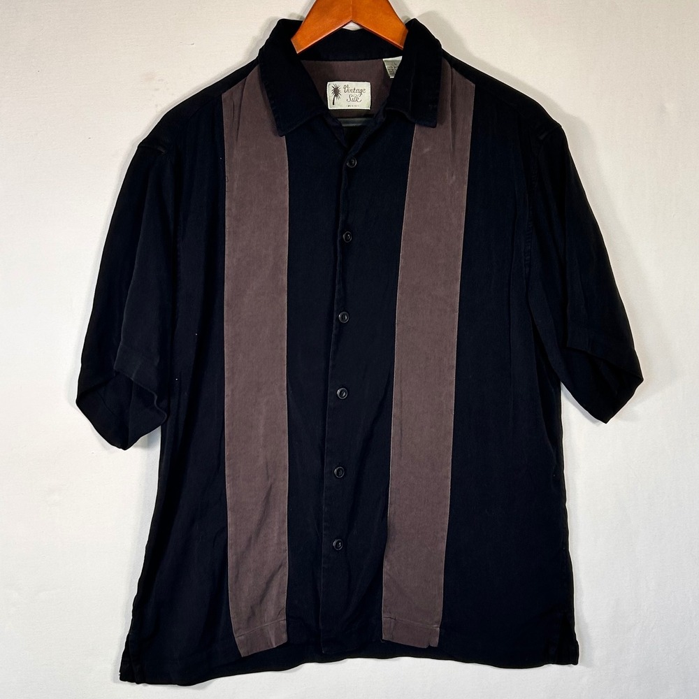 Vintage Silk Circa 1969 Mens Large Black Brown Striped Silk Camp Bowling Shirt